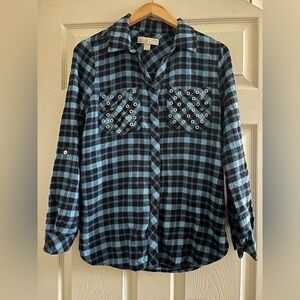 Michael Kors Black and Light Blue Plaid Shirt